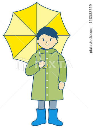 Illustration of a child wearing a raincoat and holding an umbrella on a rainy day. 138382839