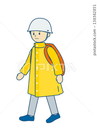 Disaster preparedness illustration: Illustration of a child wearing a disaster preparedness backpack and helmet. 138382851