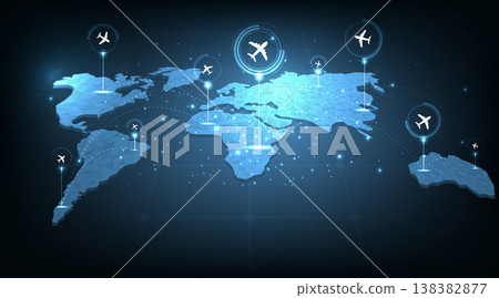 Airplane flies glowing 3D world map with interconnected travel routes. 138382877