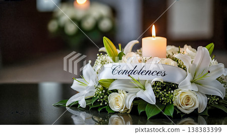 condolences ribbon text funeral white lilies roses flower bouquet glowing candle dark reflective table background mourning sorrow grief sympathy remembrance copy space obituary card condolences ribbon text funeral white lilies roses flower bouquet glowing candle dark reflective table background mourning sorrow grief sympathy remembrance copy space obituary card 138383399