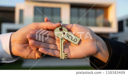 Hands holding golden house key with sold tag against blurred modern property background representing real estate market mortgage successful buying housing investment 138383409