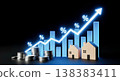 Wooden houses near metal coin stacks beneath glowing rising financial percentage chart representing real estate market property investment mortgage rates wealth growth 138383411