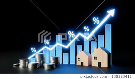 Wooden houses near metal coin stacks beneath glowing rising financial percentage chart representing real estate market property investment mortgage rates wealth growth Wooden houses near metal coin stacks beneath glowing rising financial percentage chart representing real estate market property investment mortgage rates wealth growth 138383411