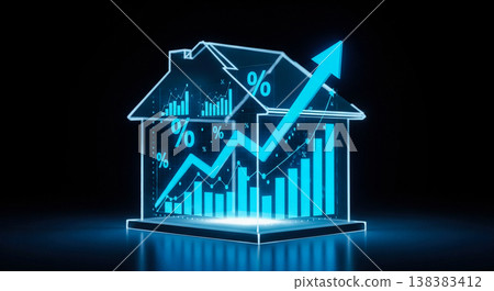 Glowing blue neon holographic house displaying internal rising financial percentage chart representing real estate market property investment mortgage rates growth wealth economy Glowing blue neon holographic house displaying internal rising financial percentage chart representing real estate market property investment mortgage rates growth wealth economy 138383412