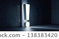 Glowing white exclamation mark standing near dark concrete corner illuminating shadows representing futuristic technology concept brilliant idea important warning digital communication graphic 138383420