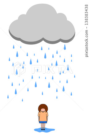 little girl crying alone in the rain with dark cloud transparent background, illustration concept mood and emotion design element. 138383438