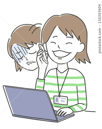 An illustration of a woman working on her computer and smiling while talking to a client on her smartphone, but secretly feeling disheartened. 138383604