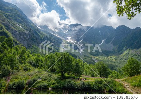 Alpine valley with lake and flowers in Les Contamines-Montjoie, France Alpine valley with lake and flowers in Les Contamines-Montjoie, France 138383670