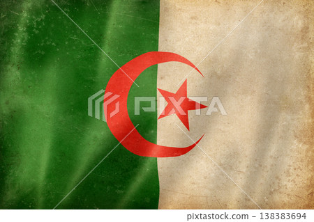 Old vintage flag of Algeria, worn and stained Old vintage flag of Algeria, worn and stained 138383694