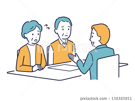 An illustration of an elderly couple discussing a problem. 138383851