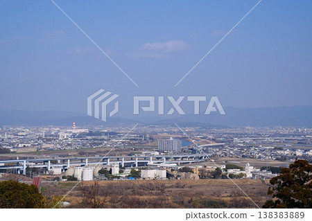Kyoto, Yawata City: Uji River and Kyoto city center (Fushimi, etc.) (View from Otokoyama Observatory towards Fushimi Inari) (Early spring) 138383889