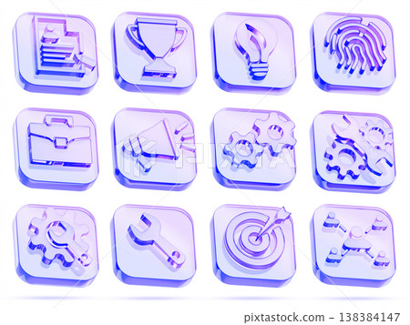 3D hologram glass business icon set - resume, briefcase, loudspeaker, target arrow, cup, wrench gear, fingerprint square button. HR management, identity verification, goal achievement. 3D illustration 3D hologram glass business icon set - resume, briefcase, loudspeaker, target arrow, cup, wrench gear, fingerprint square button. HR management, identity verification, goal achievement. 3D illustration 138384147
