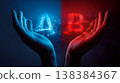 A futuristic concept symbolizing choice and conflict in the digital economy. 138384367
