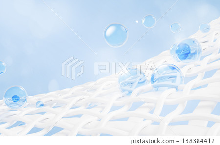 3D white fabric fibers with blue liquid laundry detergent drops, washing gel or cloth softener. Waterproof coating background, oxford or membrane textile with rain water droplets. 3D illustration 138384412