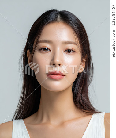 一位皮膚健康透亮的女士穿著白色背心。 138384457