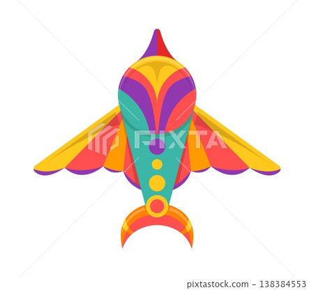 Color festive paper kite with striking yellow and wide wings, purple highlights and teal triangular body with circular ornament. Cartoon vector kids carnival toy in shape of bird or airplane 138384553