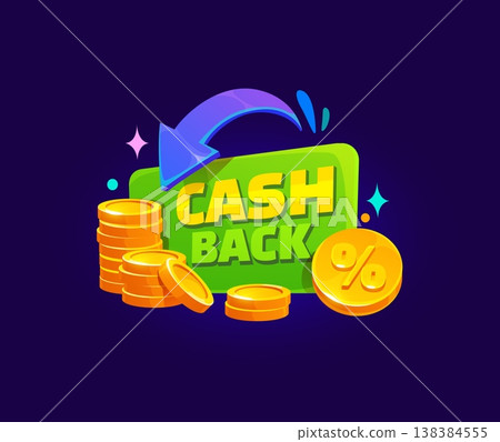Cash back icon with gold coins and percent symbol. Cash back vector bonus icon featuring purple curved return arrow. Fintech app, loyalty program, online shopping promotion Cash back icon with gold coins and percent symbol. Cash back vector bonus icon featuring purple curved return arrow. Fintech app, loyalty program, online shopping promotion 138384555