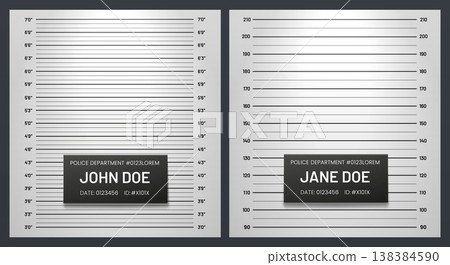 Criminal mugshot, police mug shot photo, prison wall background with lineup height chart and measurement scale. Vector law enforcement suspect backdrop, identification board and arrest record template Criminal mugshot, police mug shot photo, prison wall background with lineup height chart and measurement scale. Vector law enforcement suspect backdrop, identification board and arrest record template 138384590
