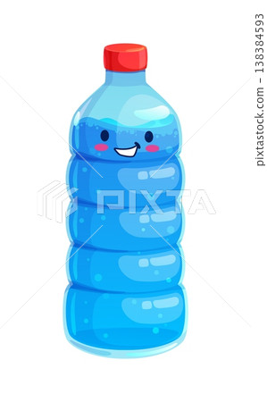 Cartoon water drink. Cute kawaii plastic bottle of water with cheerful friendly face. Vector fresh water drink. Refreshing beverage in container, adorable personage with blushing cheeks and wide grin 138384593