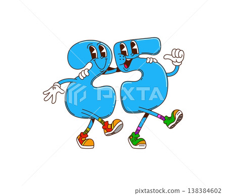 Cartoon groovy hippie math number 25 characters, school education twenty five digit, sign and numeral figure personages. Playful blue 2 and 5 friends hugging and walking together in vintage sneakers 138384602