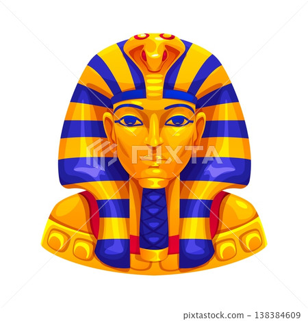 Ancient Egyptian game pharaoh mask icon with golden face and striped headdress. Golden burial Tutankhamun mask of ancient Egyptian treasures. Egypt bust Cartoon vector mummy artifact, historical item 138384609