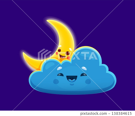 Cartoon funny weather characters featuring glowing crescent moon peeking behind smiling blue cloud with rosy cheeks on dark purple night background. Vector personages for bedtime story 138384615