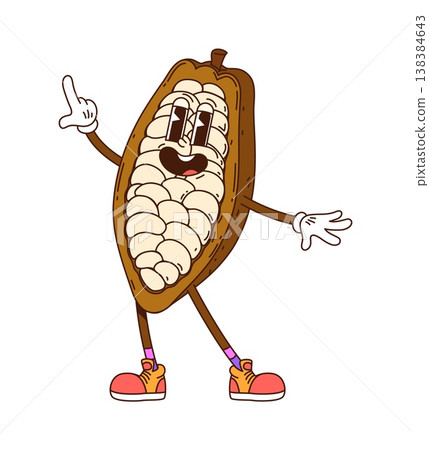 Groovy cocoa bean funky cartoon character with funny face, vector comic nut. Groovy cocoa bean or cacao nut emoji cartoon character in hipster shoes with happy smile or laugh in good vibes emotion 138384643