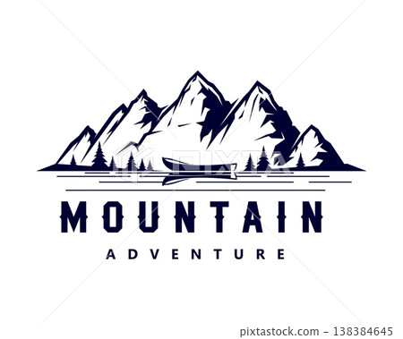 Mountain peak icon with calm lake, evergreen pines along the shoreline and small row boat floating on the water. Black white landscape for travel agencies, adventure tour operators and camping brand Mountain peak icon with calm lake, evergreen pines along the shoreline and small row boat floating on the water. Black white landscape for travel agencies, adventure tour operators and camping brand 138384645