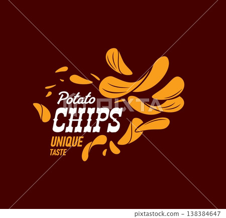 Crispy fried potato chips icon with flying slices around bold typography. Vector modern fast food emblem, tasty snack label for product packaging with salty and crunchy junk chips street fastfood Crispy fried potato chips icon with flying slices around bold typography. Vector modern fast food emblem, tasty snack label for product packaging with salty and crunchy junk chips street fastfood 138384647