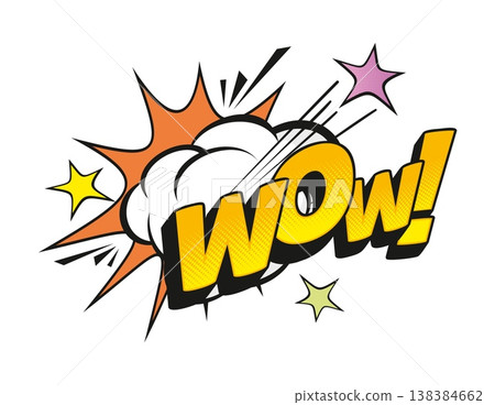 Wow comic sound effect speech bubble label. Expression speech cloud pop art label, sound splash vector effect. Comic exclamation bubble retro tag or sticker with orange typography and explosion effect 138384662