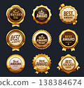 Best award golden labels, premium badges and seals with laurel wreaths, luxury medals with ribbons and glossy metallic shine. Vector round emblems showing best quality success and achievement symbols 138384674