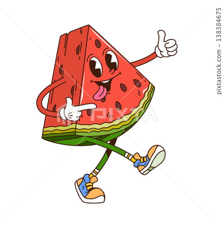 Cartoon funky groovy watermelon fruit slice, hippie trippy vacation character. Vector retro quirky food personage with smiling face, cheerfully dancing with thumbs up sign, exuding hippie summer vibes Cartoon funky groovy watermelon fruit slice, hippie trippy vacation character. Vector retro quirky food personage with smiling face, cheerfully dancing with thumbs up sign, exuding hippie summer vibes 138384675