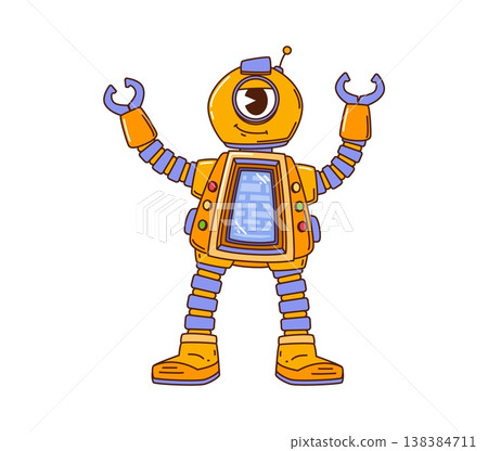 Cartoon groovy hippie robot cyclops character in retro y2k mood. Cute funny vector droid personage with smile face, antenna, claw arm and control panel exudes nostalgic 60s 70s old school playful vibe 138384711