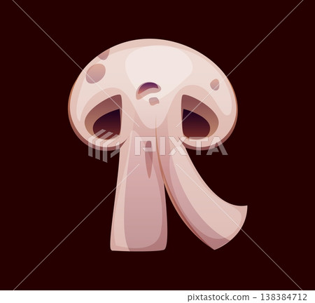 Cartoon letter R as sliced champignon mushroom. Barbecue font, bbq typeface, abc barbeque English alphabet type character as fresh edible fungus plant with cap and stem for food and cooking theme 138384712