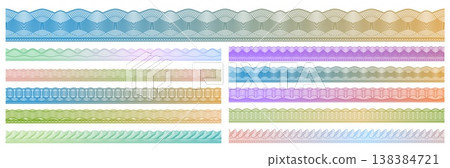 Rainbow security guilloche border frames and dividers, money currency watermark line ornament. Intricate security borders with circles, and spiral motifs. Vector dividers for document borders Rainbow security guilloche border frames and dividers, money currency watermark line ornament. Intricate security borders with circles, and spiral motifs. Vector dividers for document borders 138384721