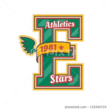 Varsity sport team patch of letter E with wings, stars and year for university league, vector label. Athletic team badge, sport club league label of letter E for rugby, baseball or basketball team 138384724