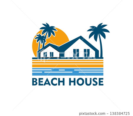 Palm beach house icon for tropical resort bungalow or hotel apartments, vector emblem. Travel and vacation accommodation or coastal real estate company badge for beach house with palms and sea waves Palm beach house icon for tropical resort bungalow or hotel apartments, vector emblem. Travel and vacation accommodation or coastal real estate company badge for beach house with palms and sea waves 138384725