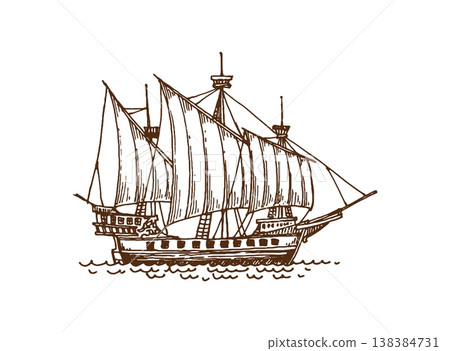 Vintage pirate sail ship and sailboat, European wooden galleon and warship sketch. Vector detailed sketch of a historic pirate vessel with vintage charm for historical designs, nautical graphics 138384731