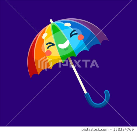Cartoon funny colorful rainbow umbrella weather character with smiling face. Cute weather icon for rainy day protection. Vector parasol personage with bright multicolor canopy and curved handle 138384769