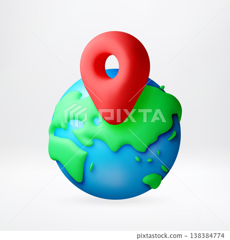 3D Red location pin on top of earth globe. 3D Red location pin on top of earth globe. 138384774