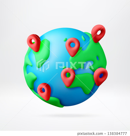 3D Planet earth with red navigation pins. 138384777