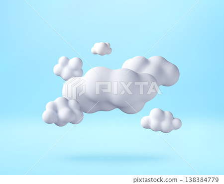 3D White puffy clouds floating in blue sky. 3D White puffy clouds floating in blue sky. 138384779