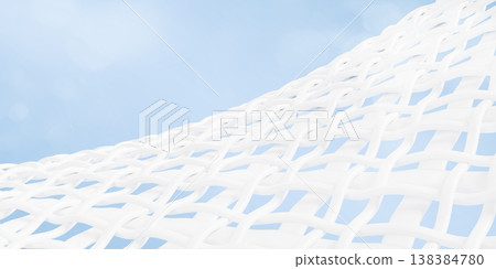 3D white fabric texture - cotton, linen or synthetic fibers on blue bokeh background. Woven textile pattern of microfiber cloth, viscose, elastane, polyester, wool or silk material. 3D illustration 138384780