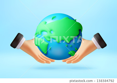 3D Cartoon hands holding Earth globe. 138384792