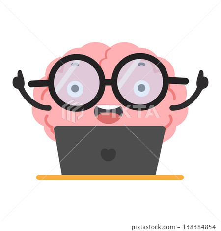 Happy brain working on laptop for productivity Happy brain working on laptop for productivity 138384854