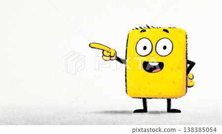 Happy yellow character pointing finger presenting information 138385054