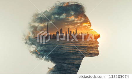 Woman silhouette with dubai skyline during sunset Woman silhouette with dubai skyline during sunset 138385074