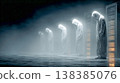 Hooded figures standing in data center fog 138385076