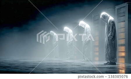 Hooded figures standing in data center fog Hooded figures standing in data center fog 138385076
