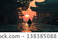 Monk meditating at sunset in a zen temple garden 138385088